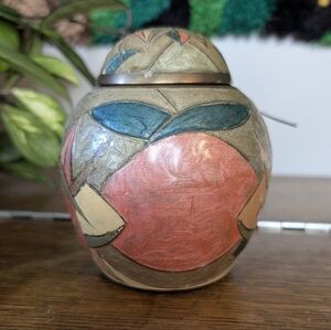 Vintage Enamel Brass Lidded Urn Jar Made in India Geometric Boho Decor